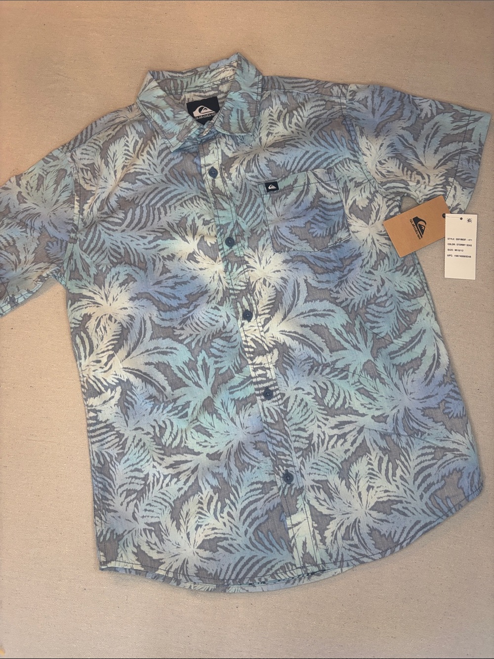 Quiksilver Light Blue Palm Print Short Sleeve Button-Down Shirt